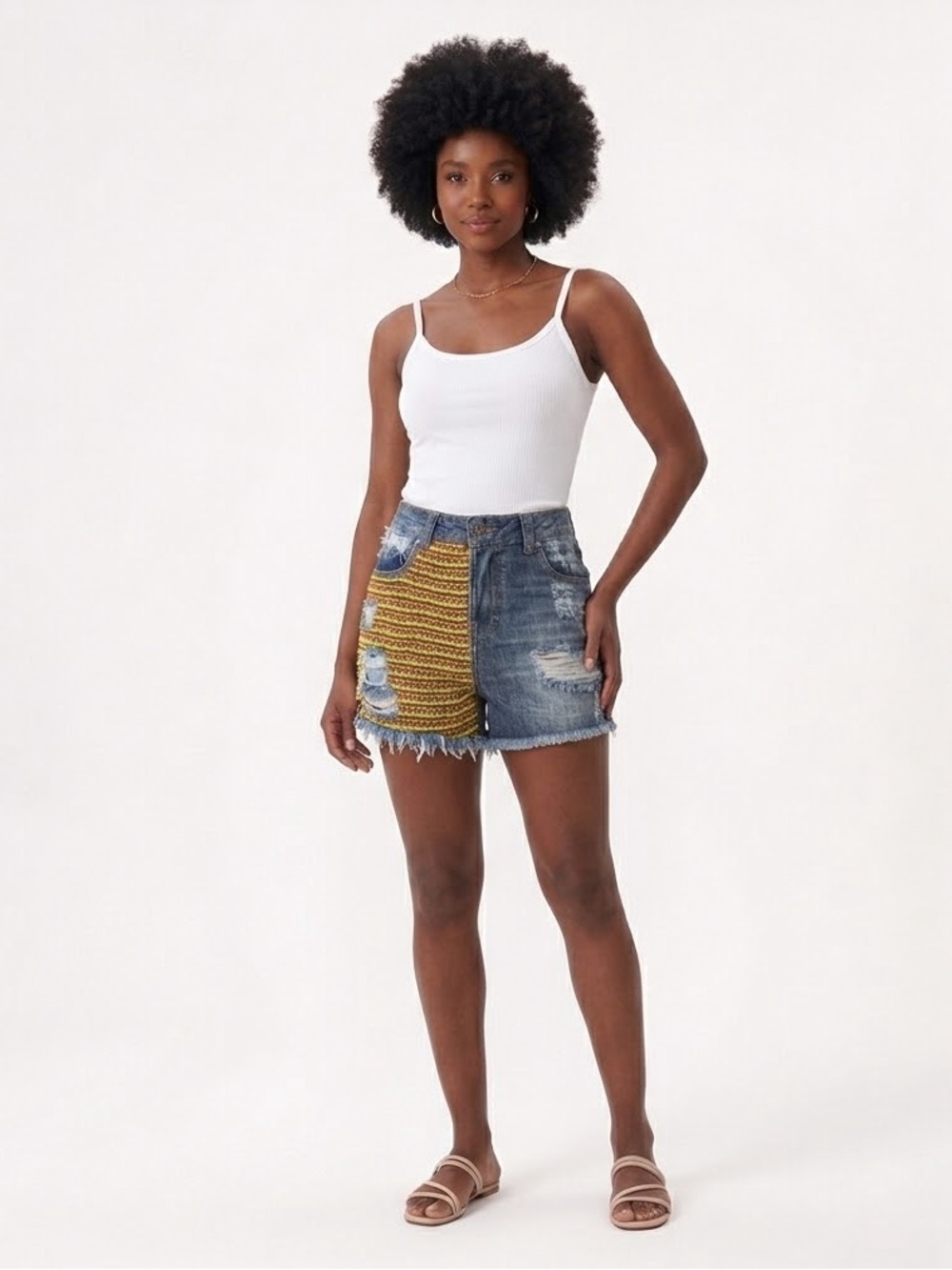 Embellished Denim Shorts with Beaded Detail